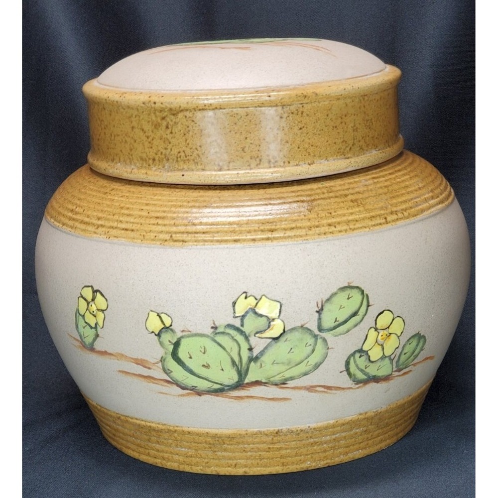 Handpainted Cactus Jar With Lid. Approximately 6 1/2 in × 8 In SIGNED/ Carolyn